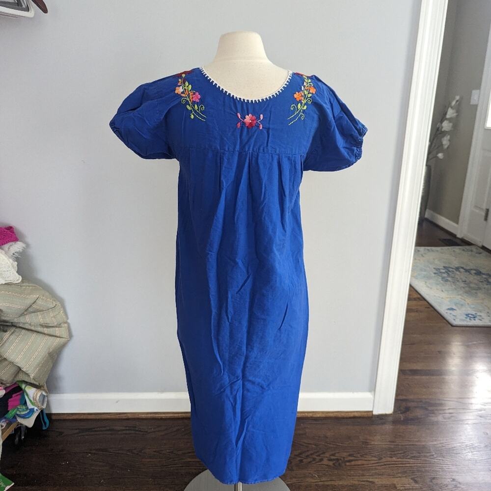 Vintage Puebla Maxi Dress Small 70s Blue Colorful Flower Basket Cotton - Picture 10 of 10